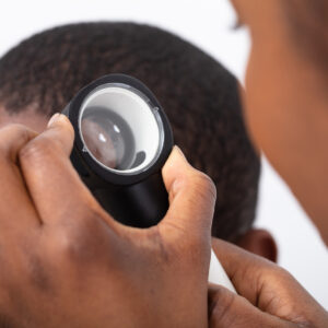 dermatologist looking through a dermatoscope at the scalp of a young man while examining for skin cancer on the scalp