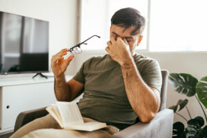 man holding his glasses and his face due to sinus pressure and allergy headache