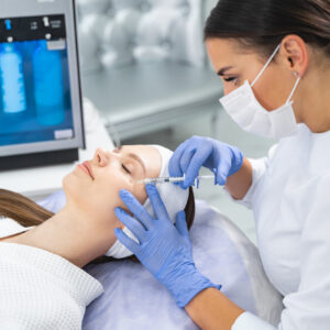 Concentrated professional female dermatologist giving an injection to a young patient with a disposable syringe